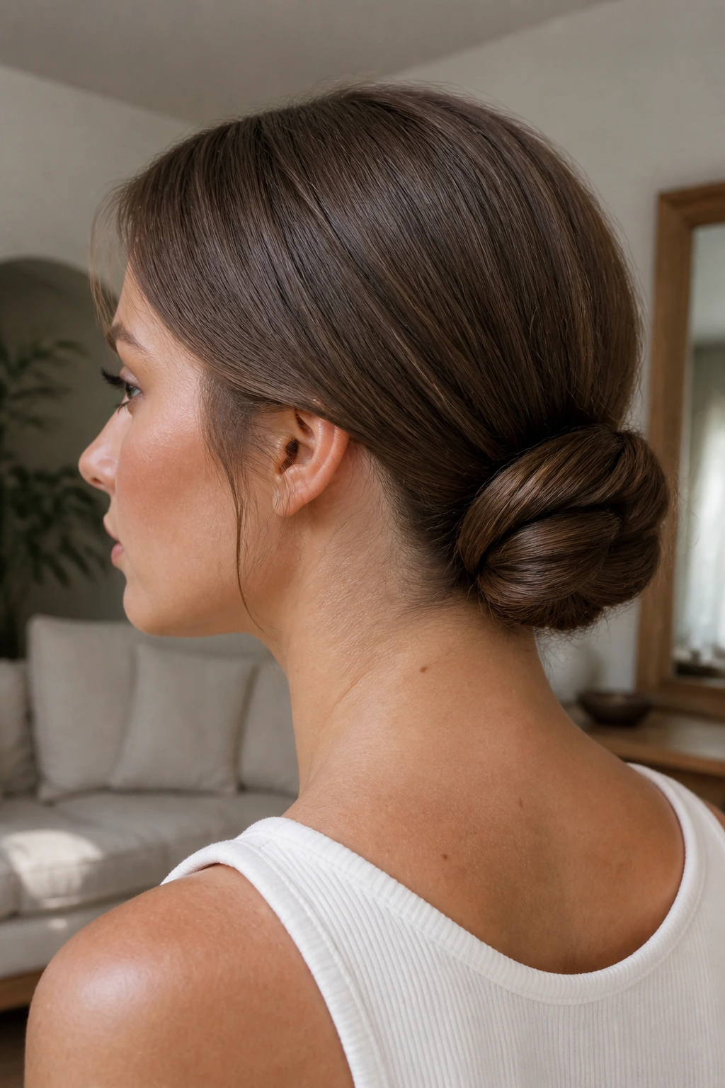Close-up of a real woman's head with a folded ponytail bun