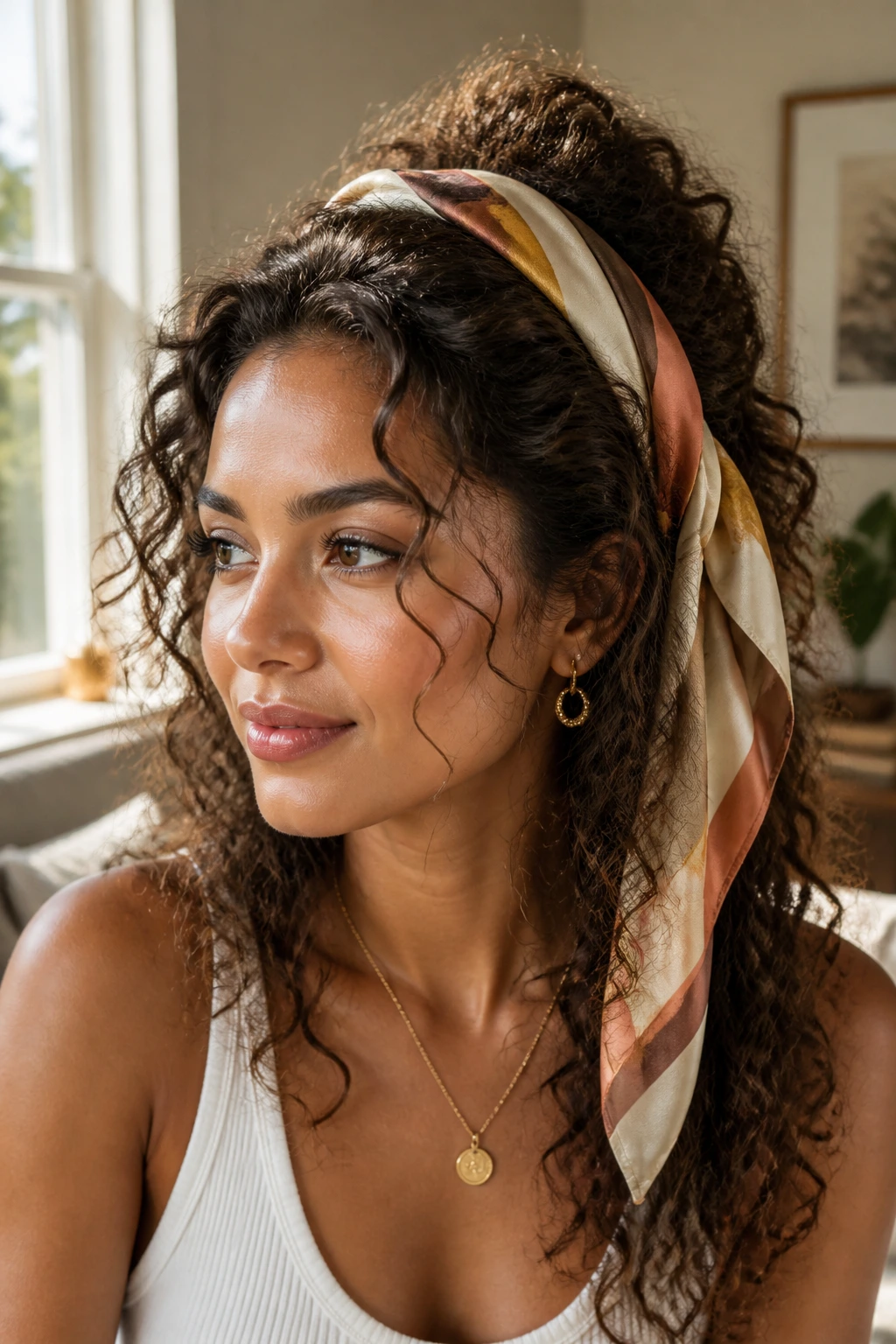 Folded scarf half-up hairstyle on real person, portrait with scarf band