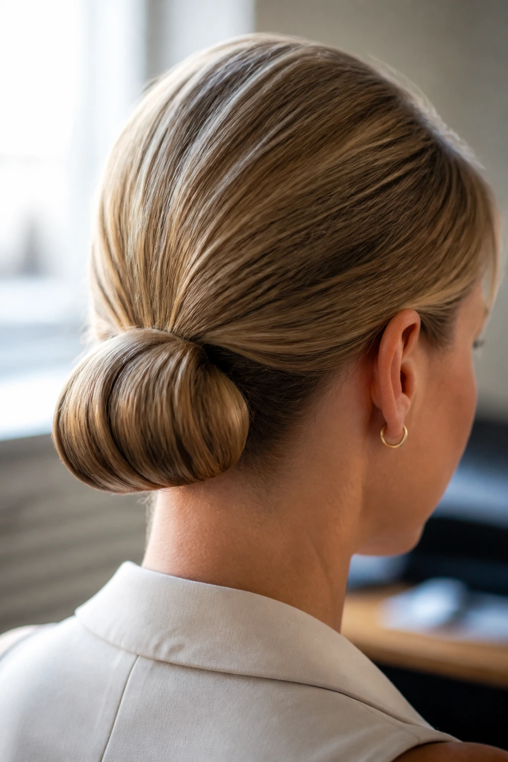 Back view close-up of a real woman with a folded tuck-under roll at the nape of the neck.