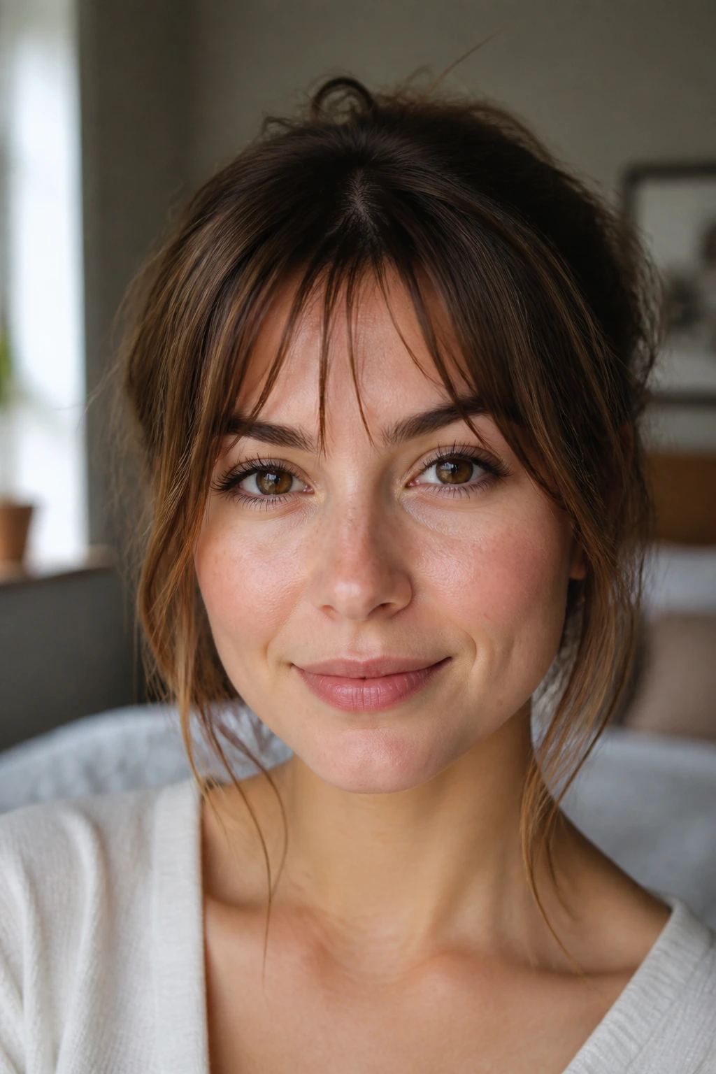 Close-up portrait highlighting forehead, hairline and cheekbones for fringe analysis