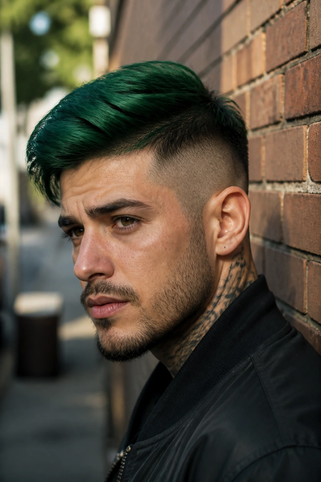 Close-up of real man with forest green undercut hairstyle
