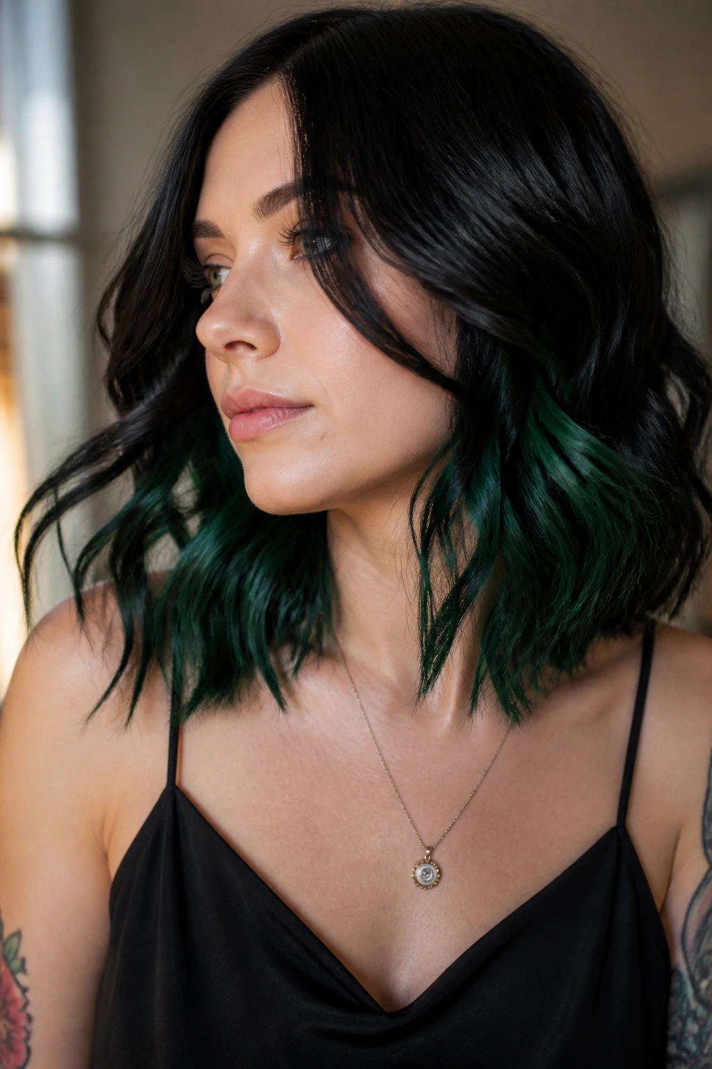 Close-up of a woman with shoulder-length black hair showing forest green underlights through the curls.