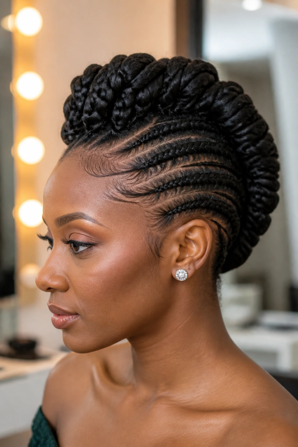 Portrait of person with formal braided mohawk updo, crown lifted and ends tucked