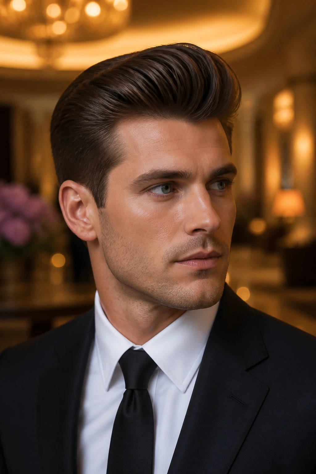 Close-up of a man with a formal-event pompadour in a hotel lobby