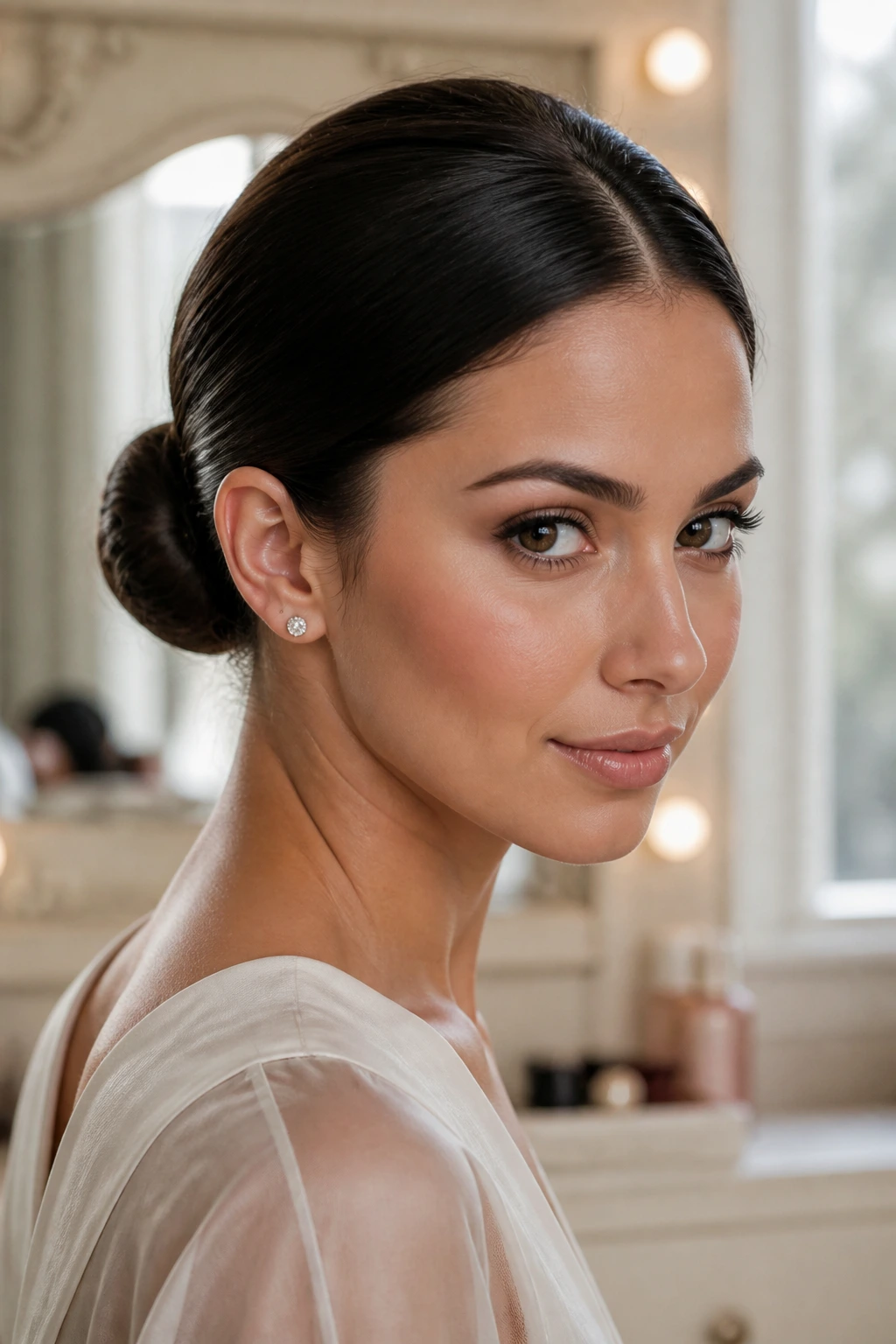 Portrait of woman with polished knot bun at base