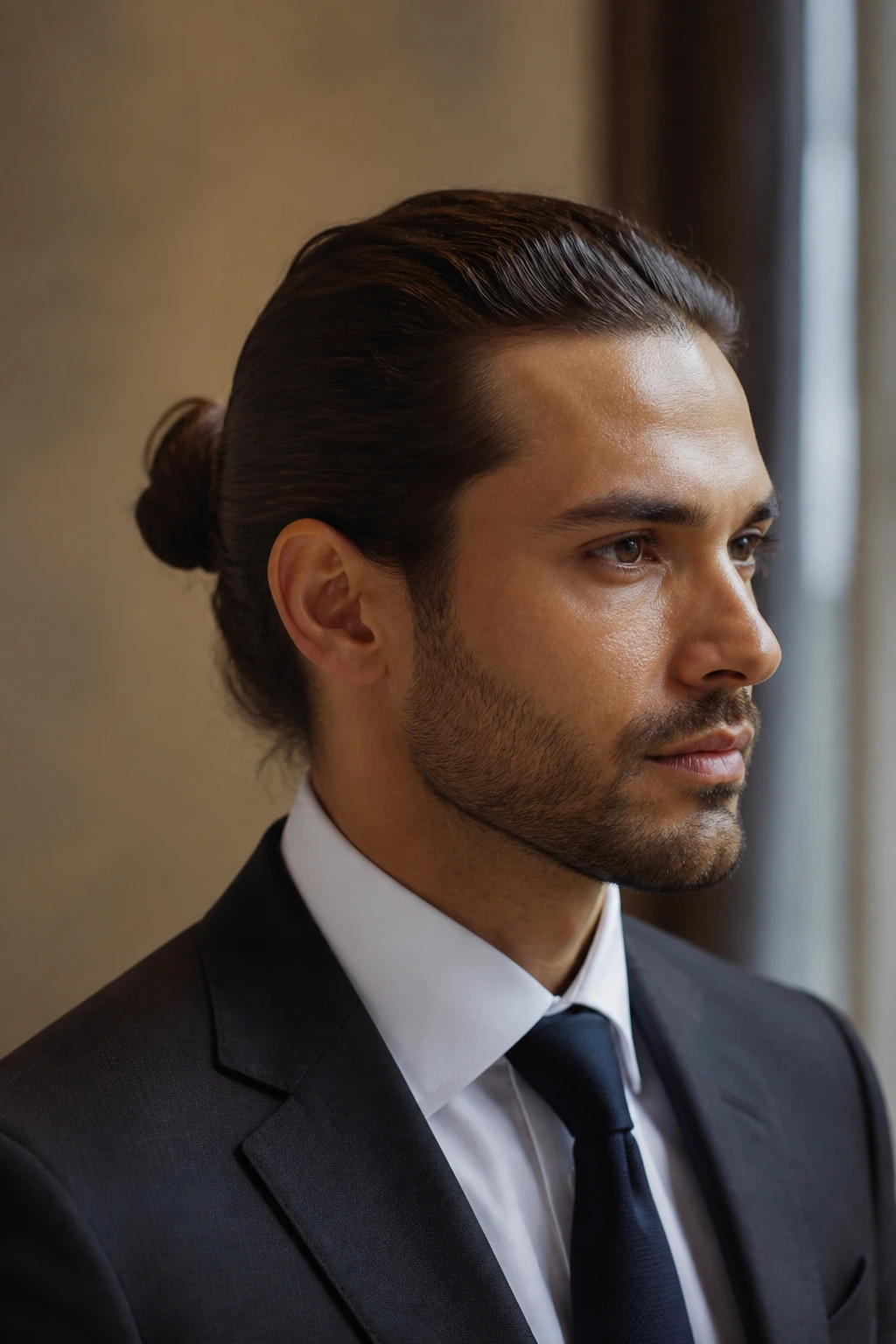 Man with formal knot bun under collar in a suit.