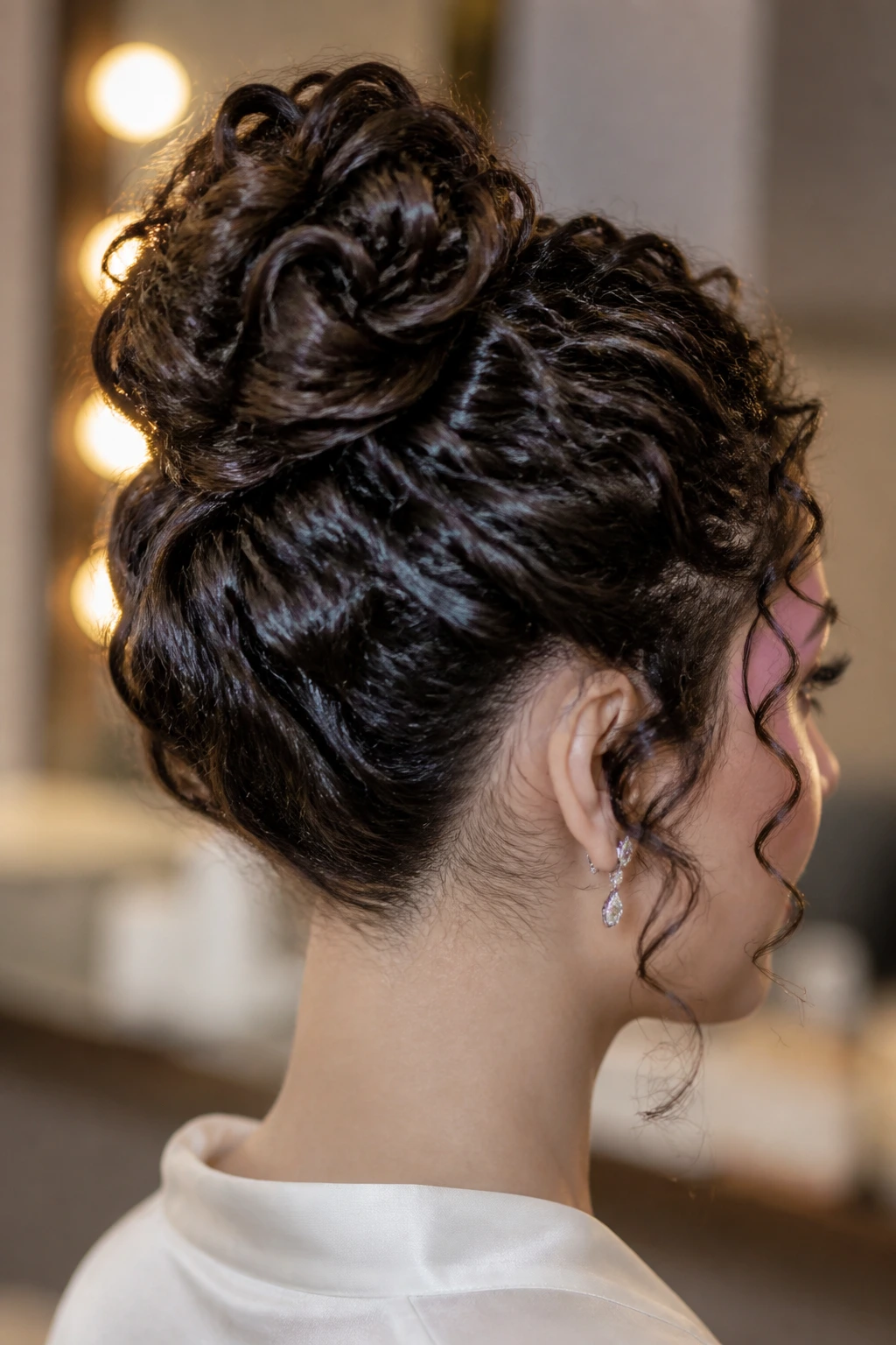 Close-up of a real woman's head with a hidden-pin formal bun and curly texture.