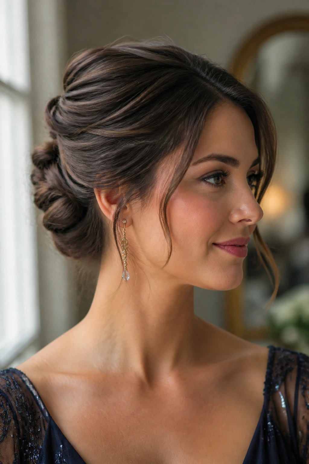 Close-up portrait of a woman with a formal updo, soft window light