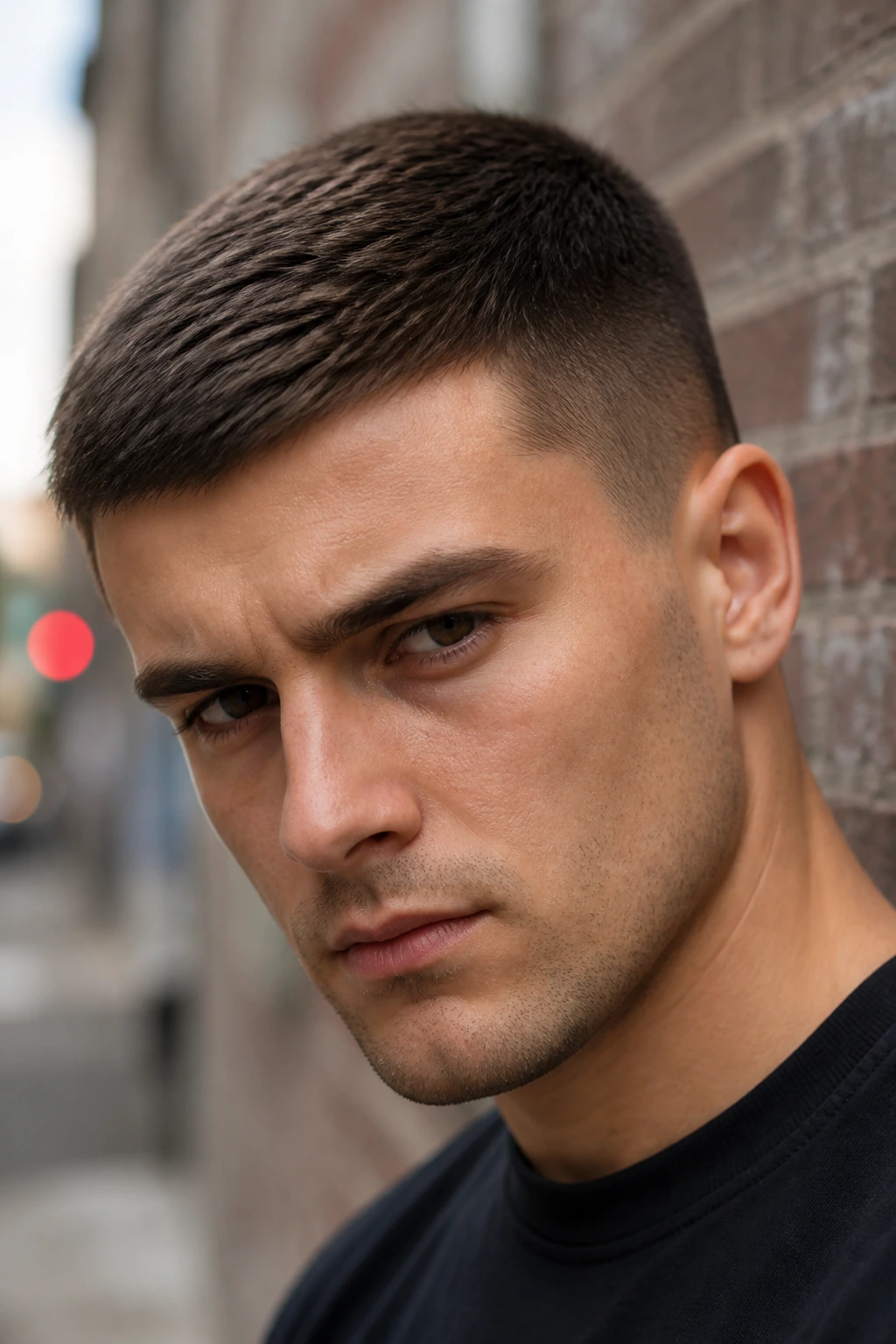 Close-up portrait of a man with a forward-brushed crew cut against a brick wall