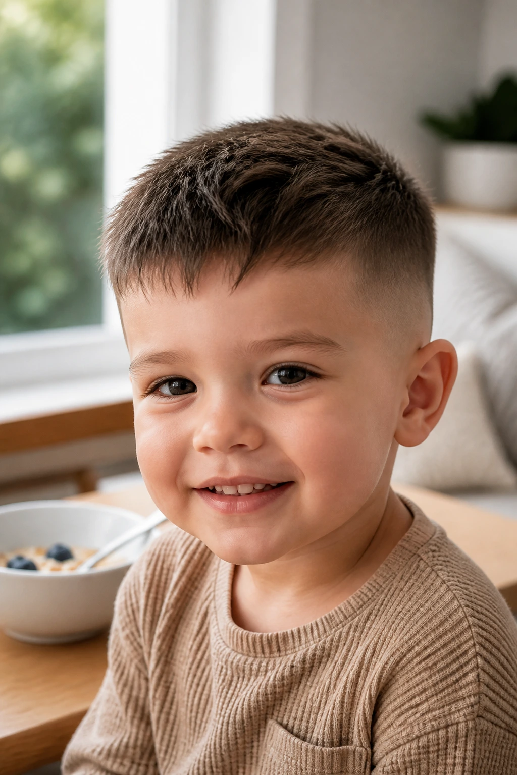 Close-up toddler head with forward fringe and fade