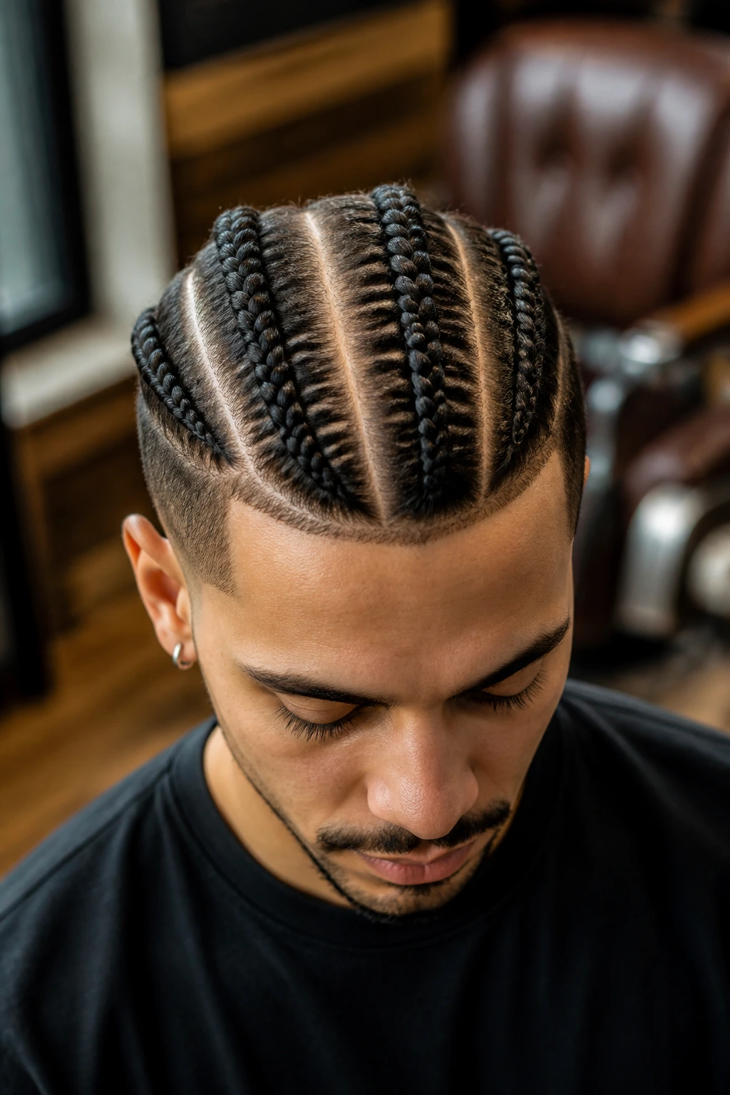 Close-up of a man with four braids in a balanced middle-ground style, barbershop setting
