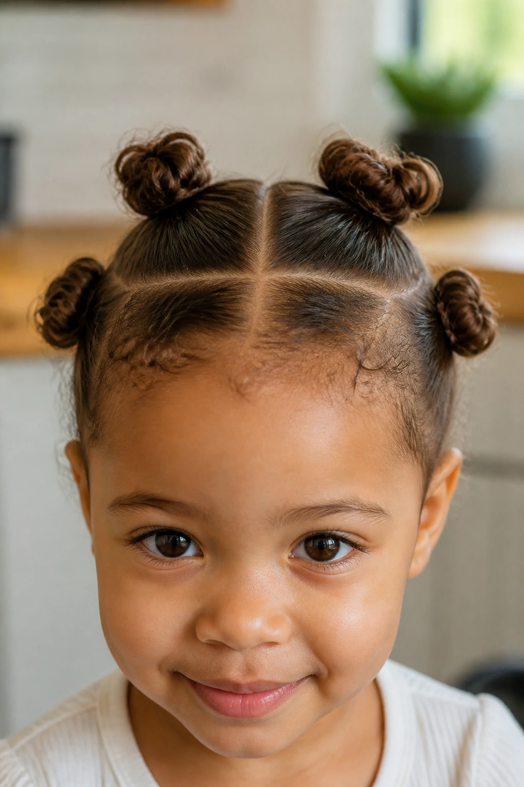 Girl with four mini buns on the crown