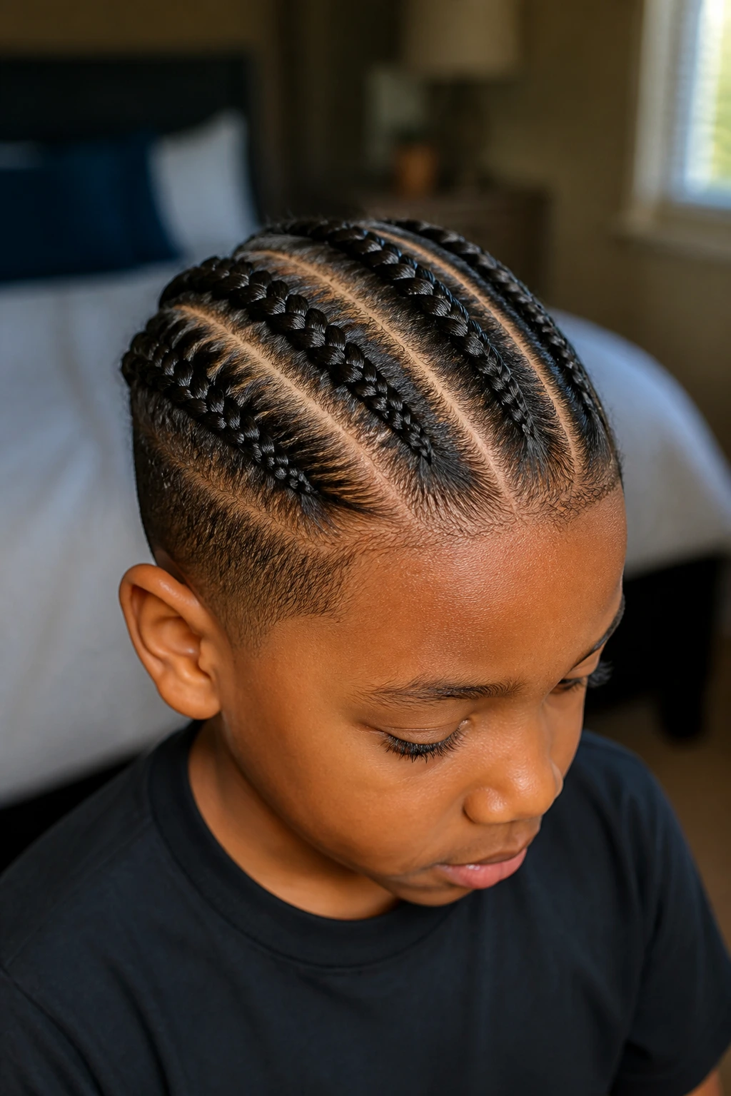 Close-up of a real boy with four neat rows of braids along the scalp.