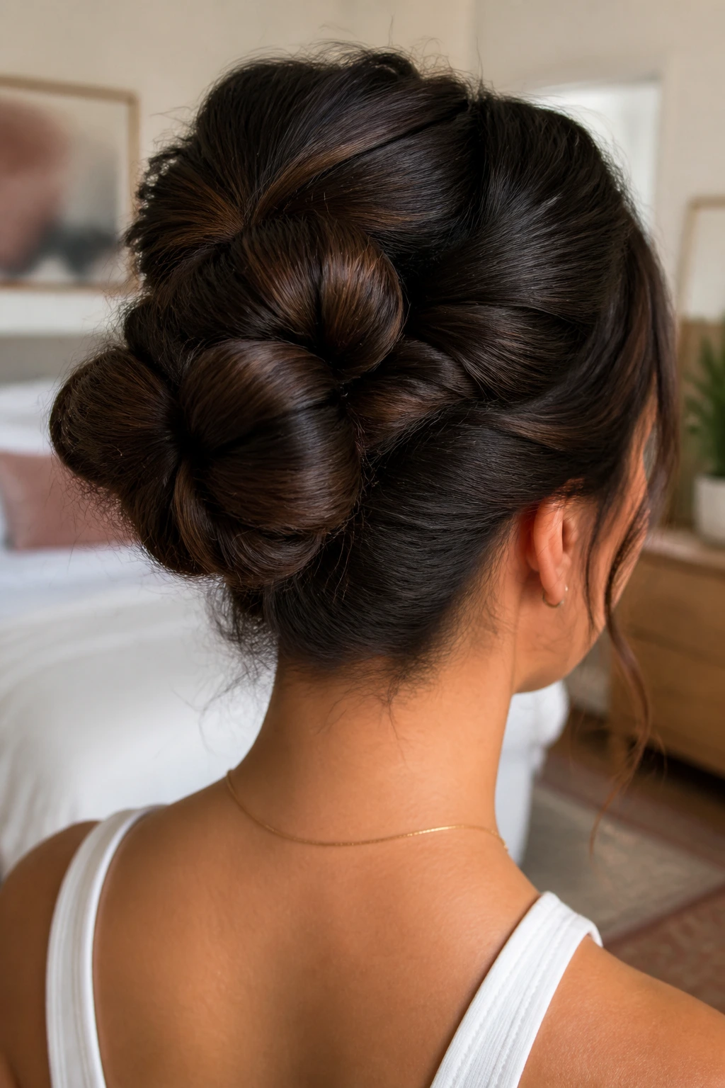 Back three-quarter portrait of a real person with a four-section pin bun.