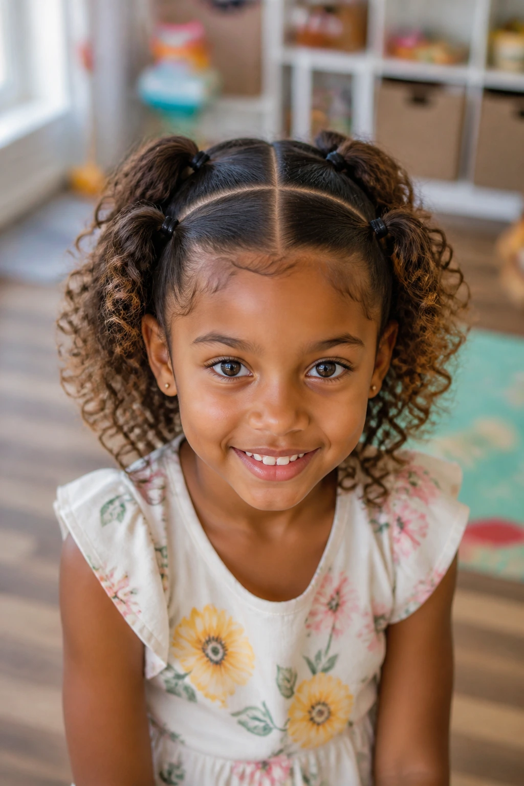 Close-up of girl with four small ponytails on medium curls