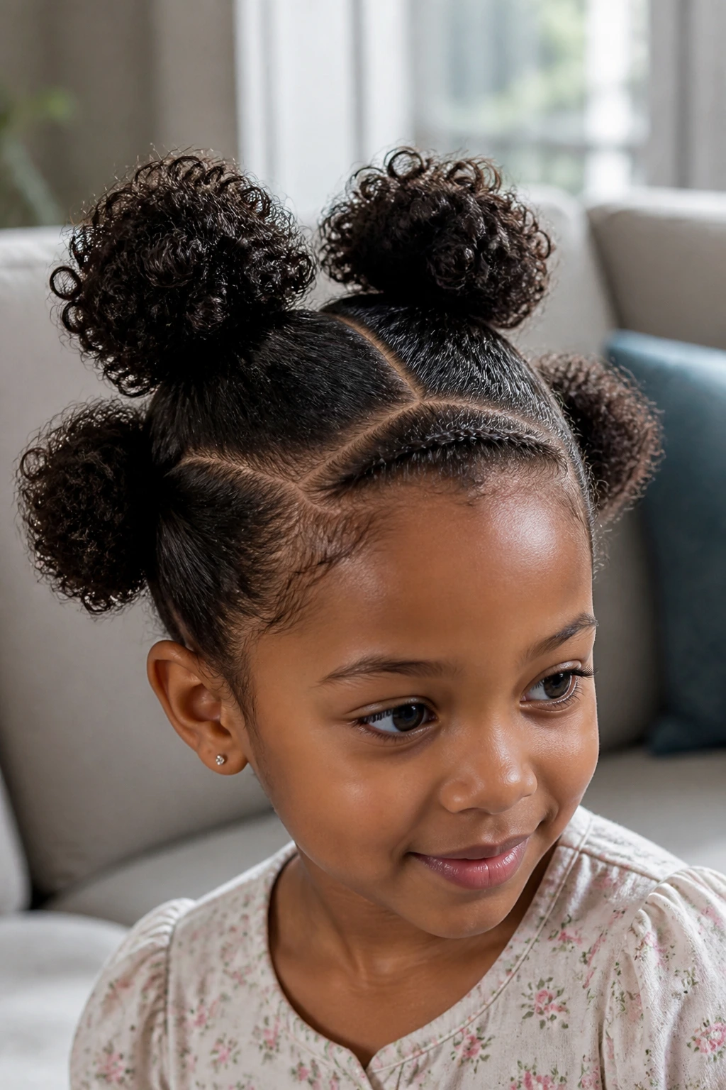 Portrait of a girl with four small puffs across the crown
