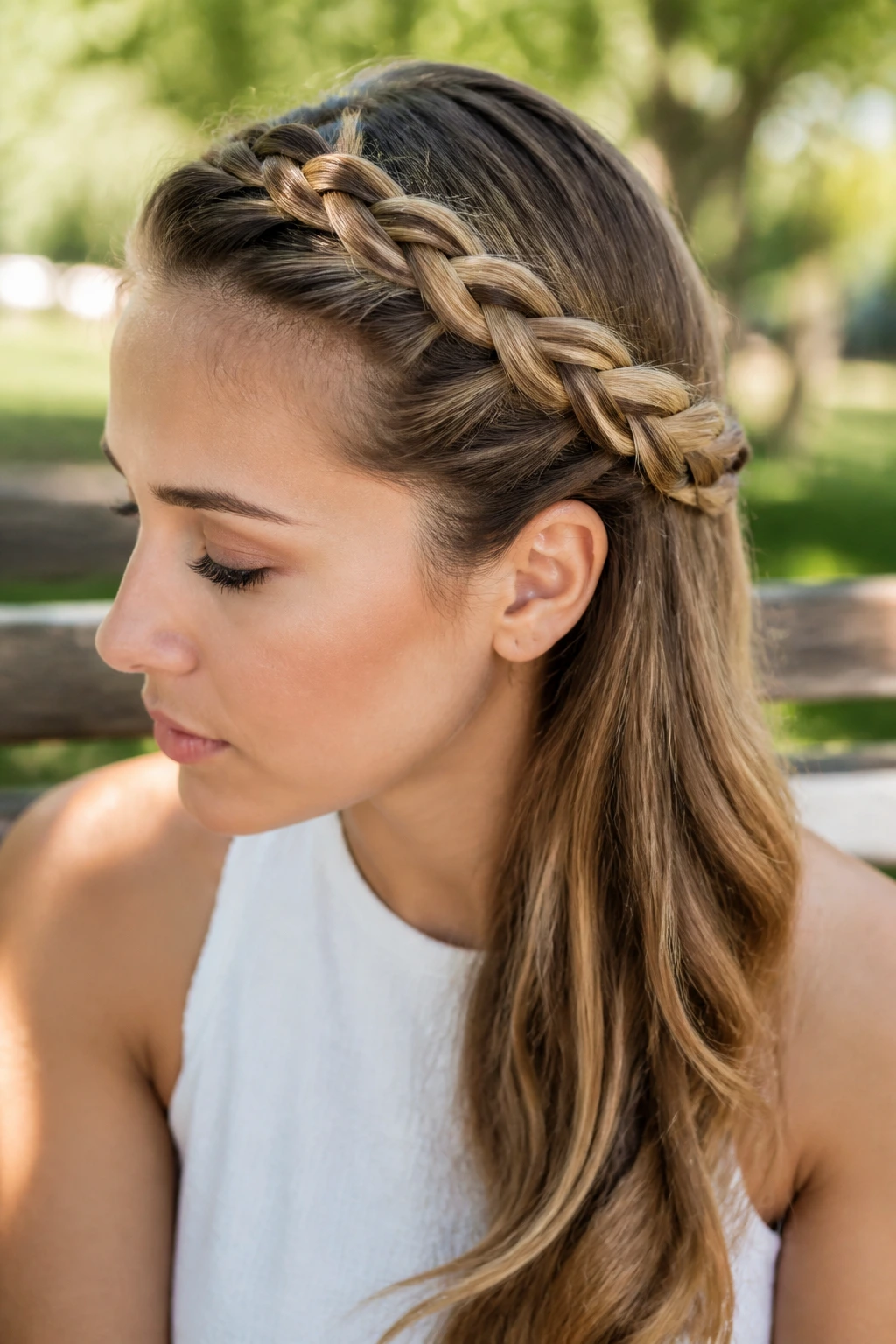Close-up of a real woman showing a four-strand braid