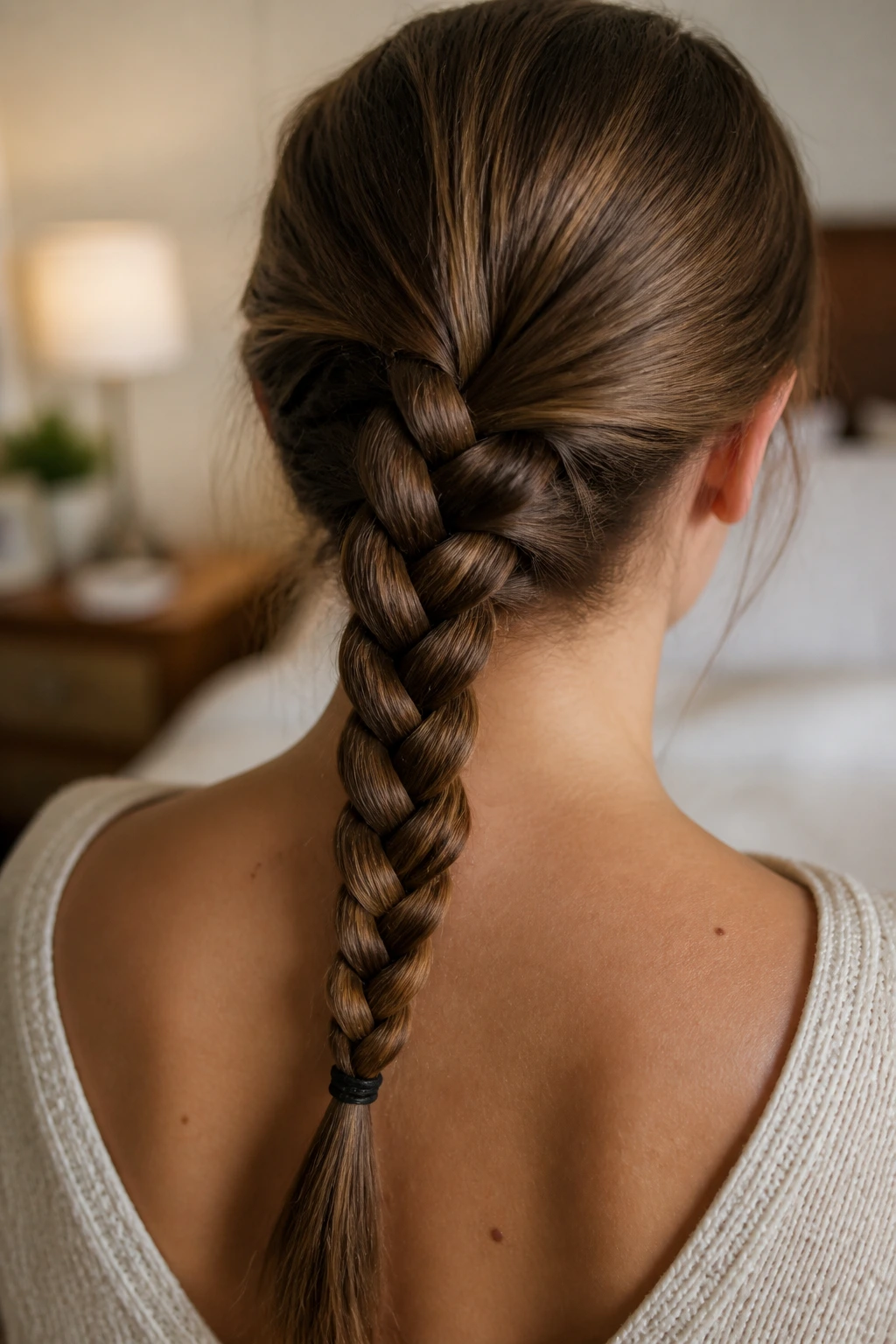 Close-up of a four-strand braid down the back of a real person's neck