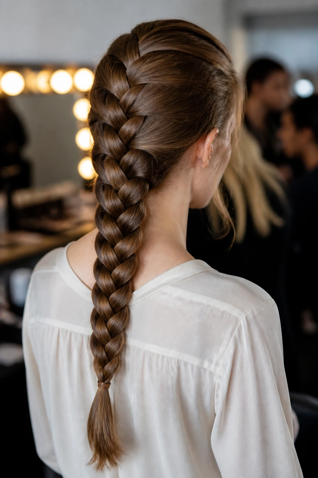 Back view of a woman with a four-strand braid down the back