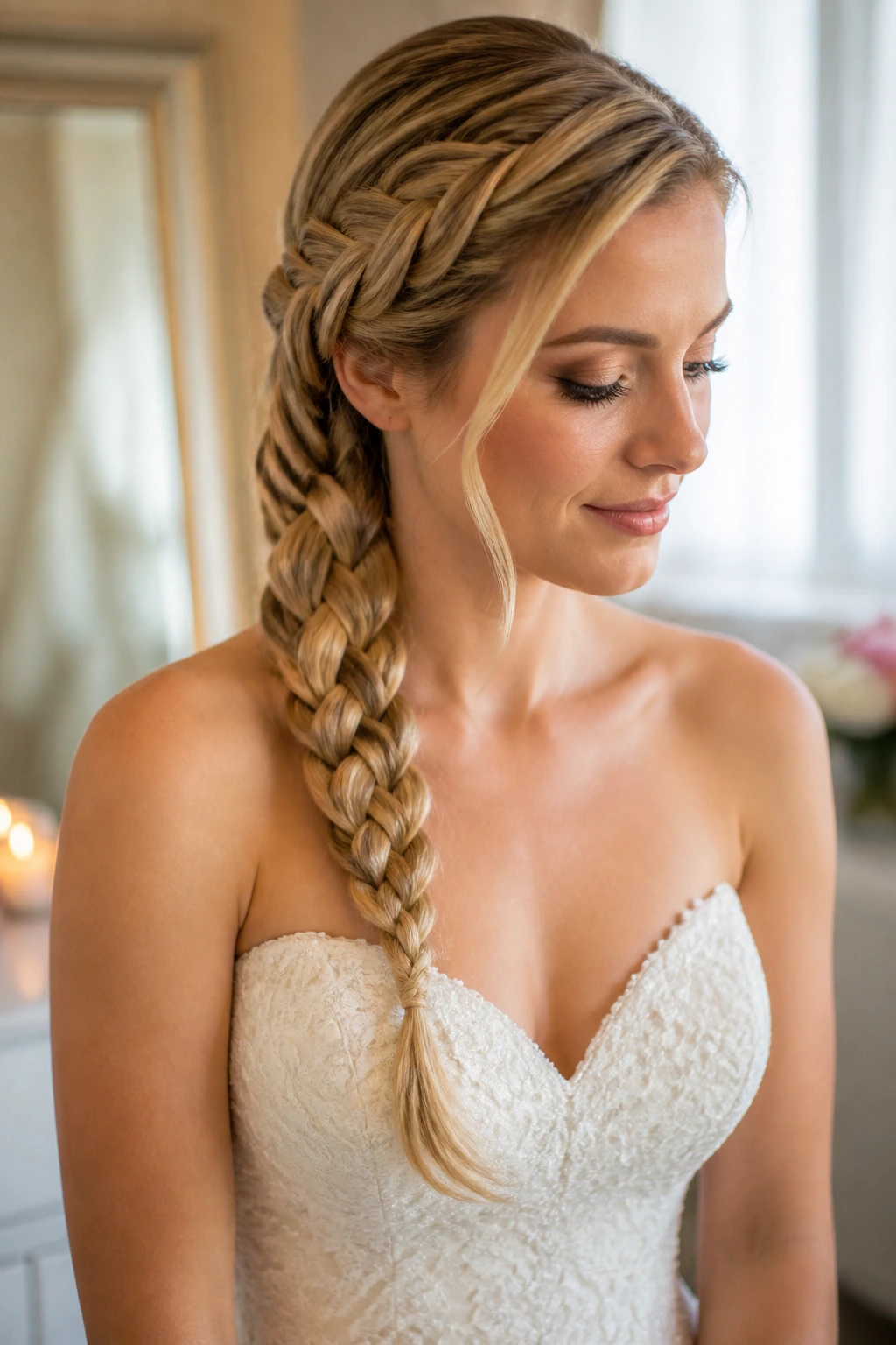 Close-up of a real woman's four-strand side braid over the shoulder in warm bridal lighting