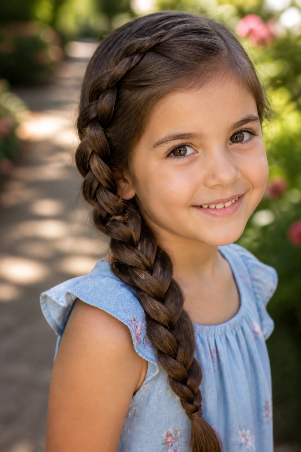 Brunette little girl with four-strand side braid outdoors