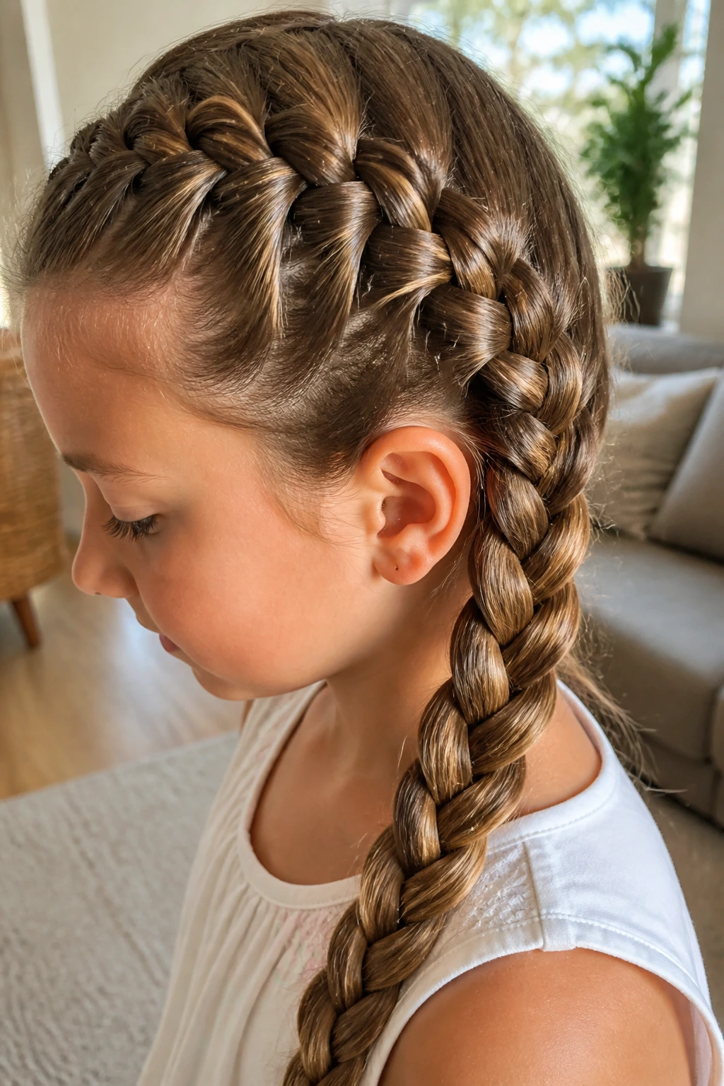 Close-up of a child’s head with a four-strand braid in a sunlit living room