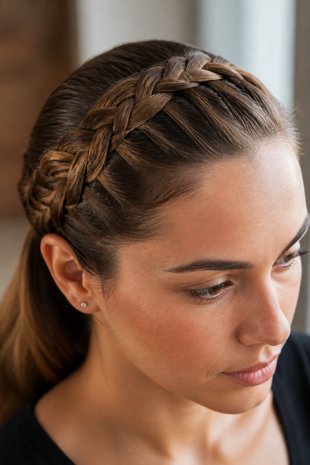 Close-up of a four-strand flat woven braid along the scalp on a real person
