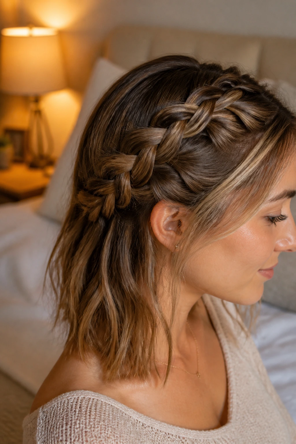 Close-up of a real woman's head with a four-strand braid along the side.
