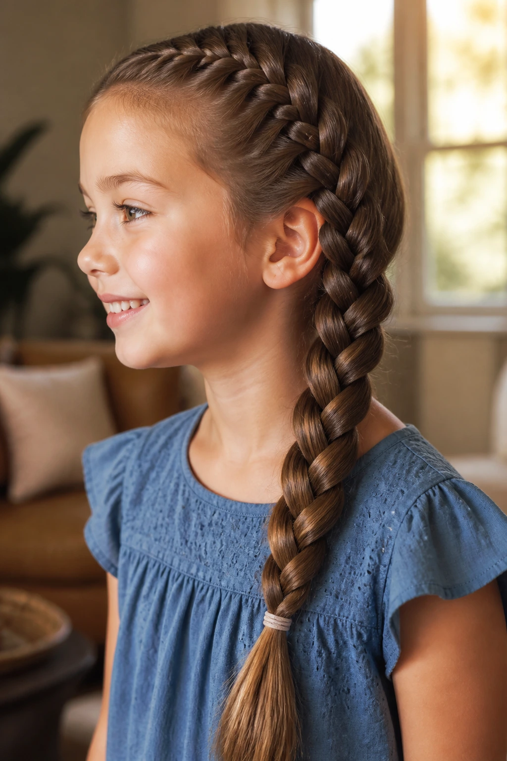 Close-up of a child with a four-strand braid over the shoulder