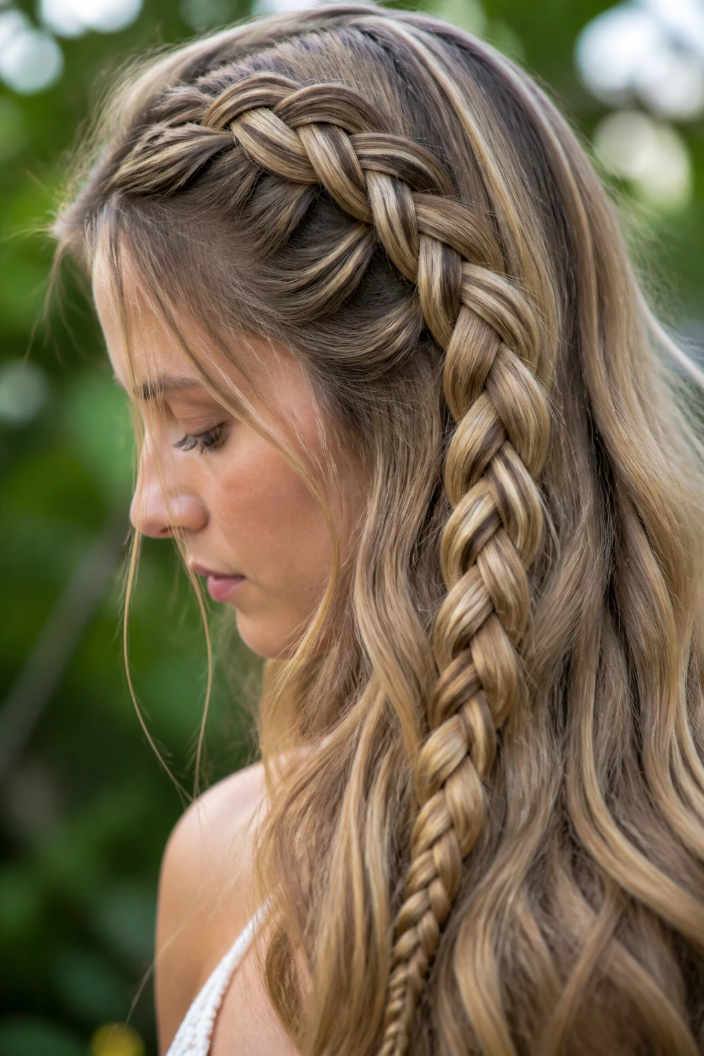 Real woman with a four-strand braid on long hair outdoors