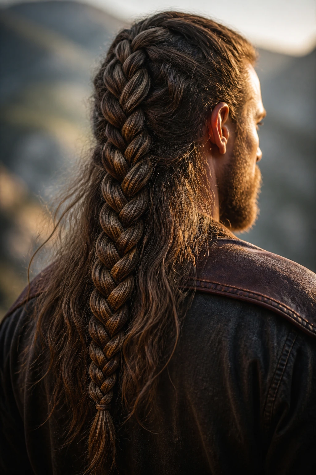 Portrait from behind/side of a man with a four-strand braid down the back of his long hair.