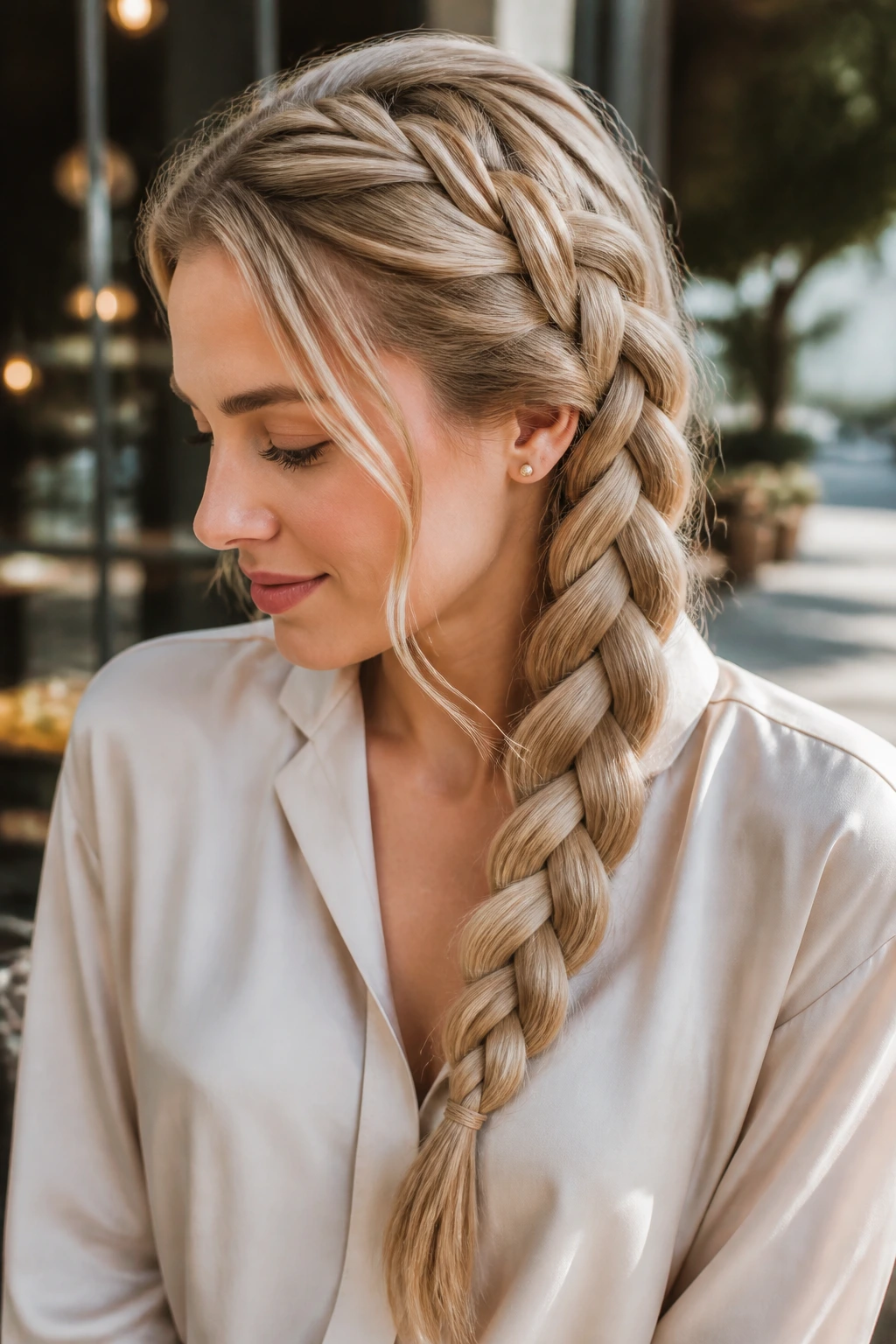 Portrait of a real woman with a four-strand braid