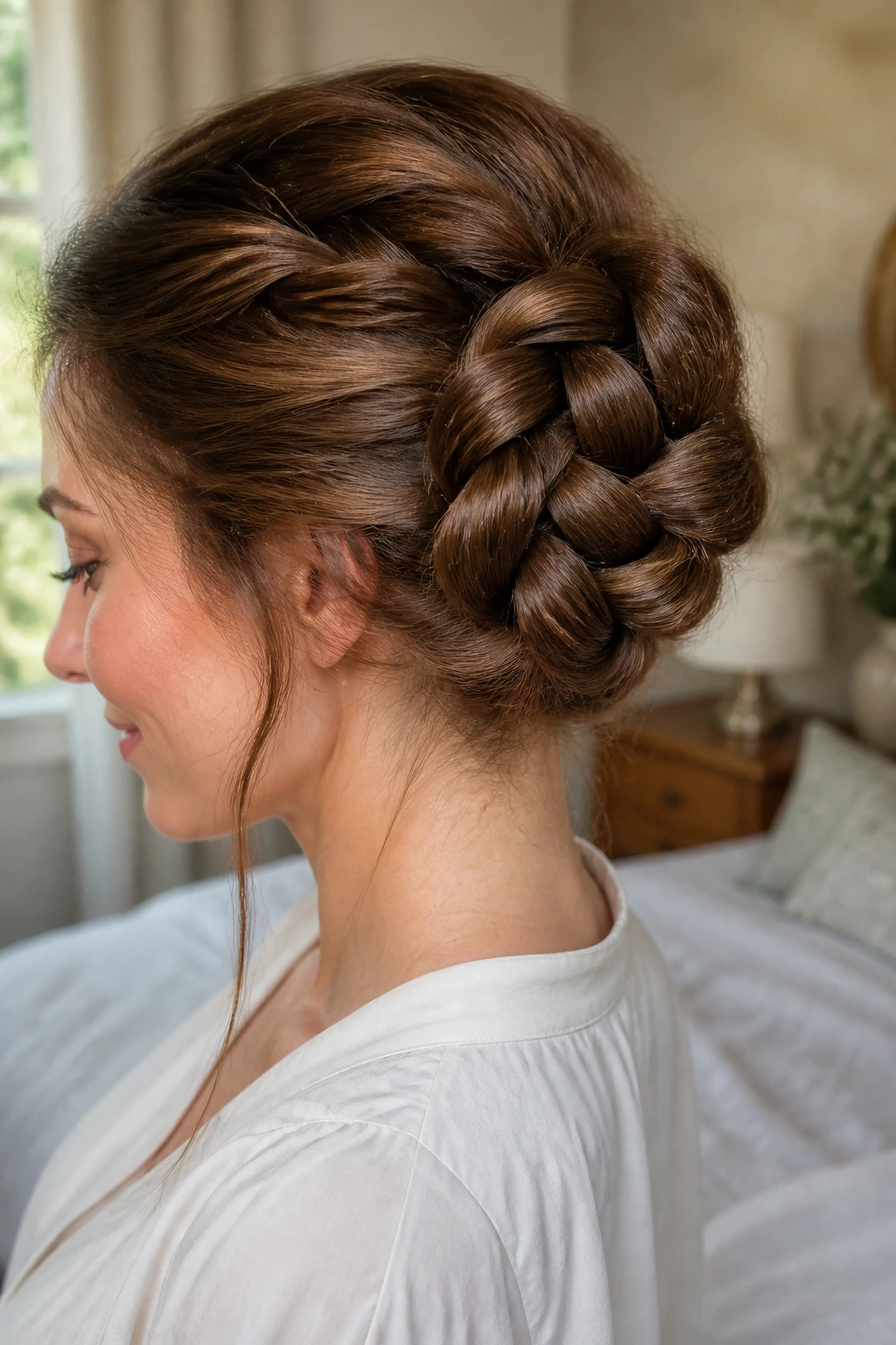 Close-up of a real woman with a rope-like four-strand bun at the back of her head