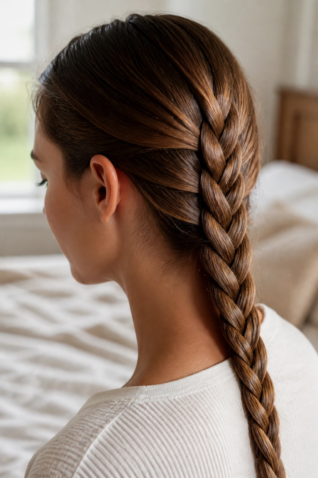 Close-up of a real woman with a four-strand flat braid along the back of her head