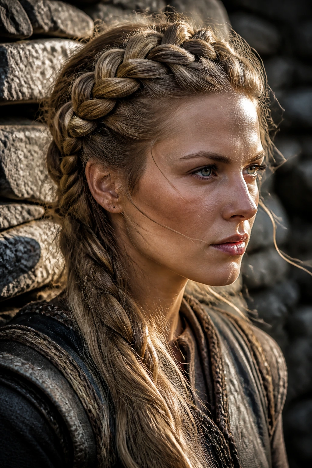 Close-up of a real woman wearing a four-strand shield braid across the crown in outdoor light