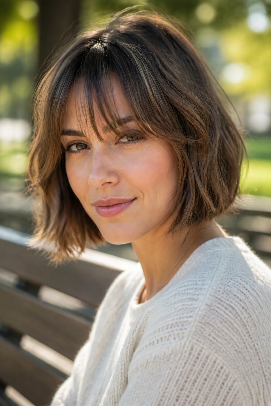 Portrait of a real woman with a tousled bob and light fringe in natural outdoor light