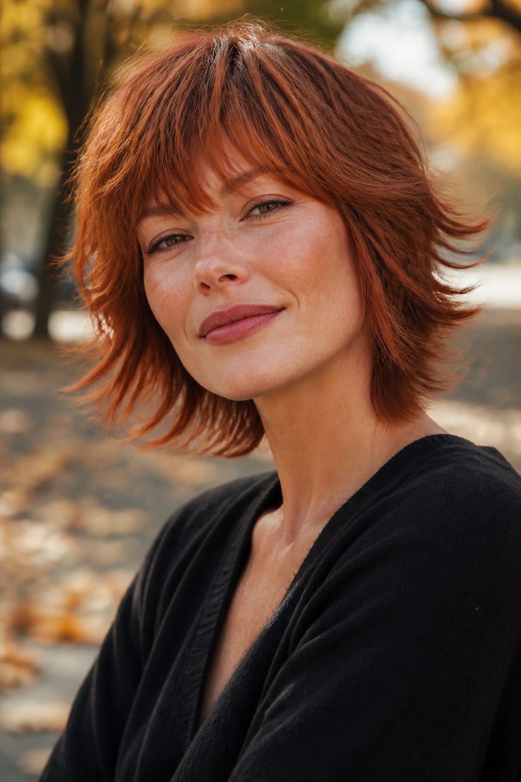 Close-up portrait of a woman with foxy auburn shag in park setting