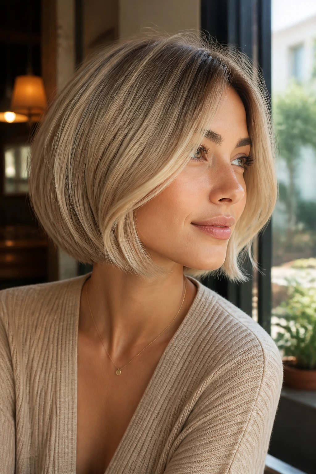 Close-up of a real person with a beige soft French bob in natural cafe window light.