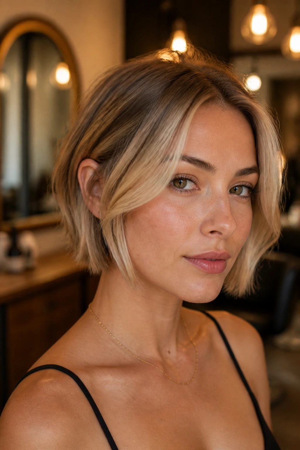 Close-up of French bob with beige veil highlights