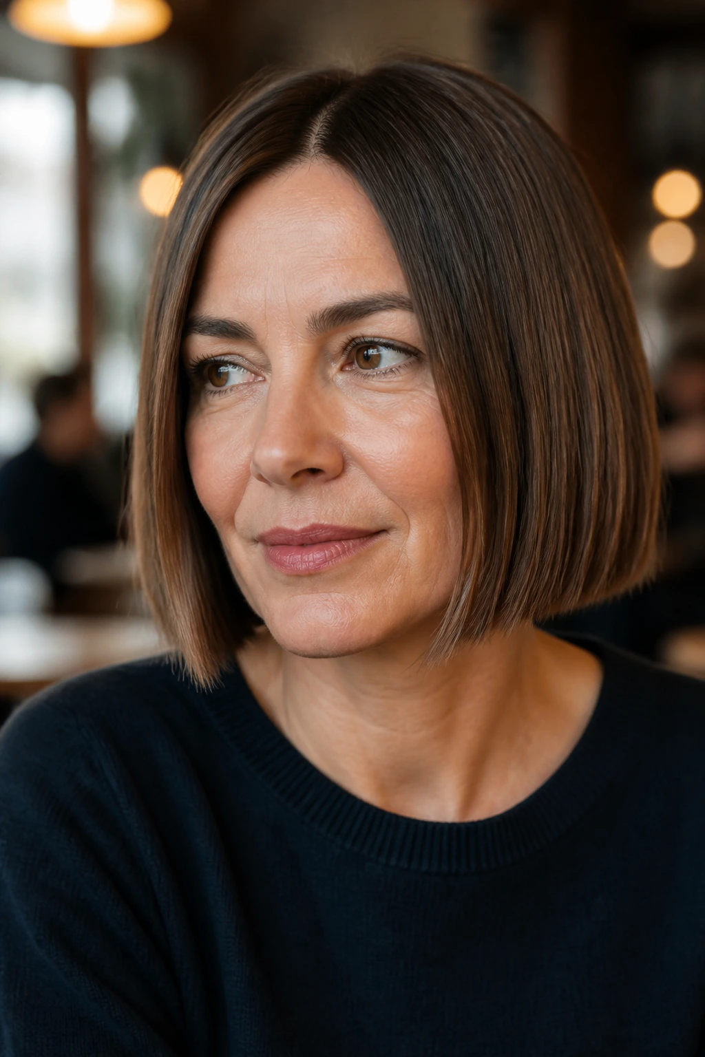 Real woman with jaw-length blunt French bob portrait