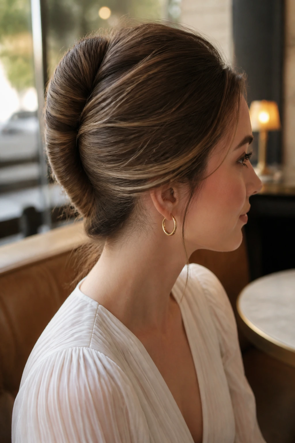 Portrait of a real woman with a French twist and soft finish