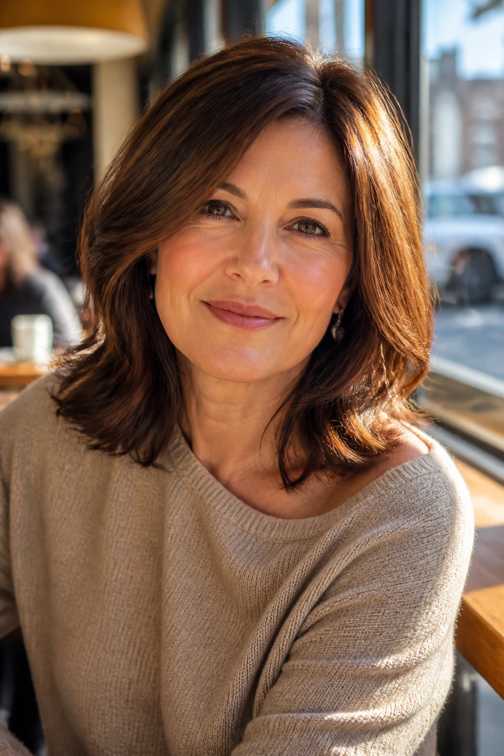 Close-up of a real woman with chestnut hair in a side-parted lob framing her face