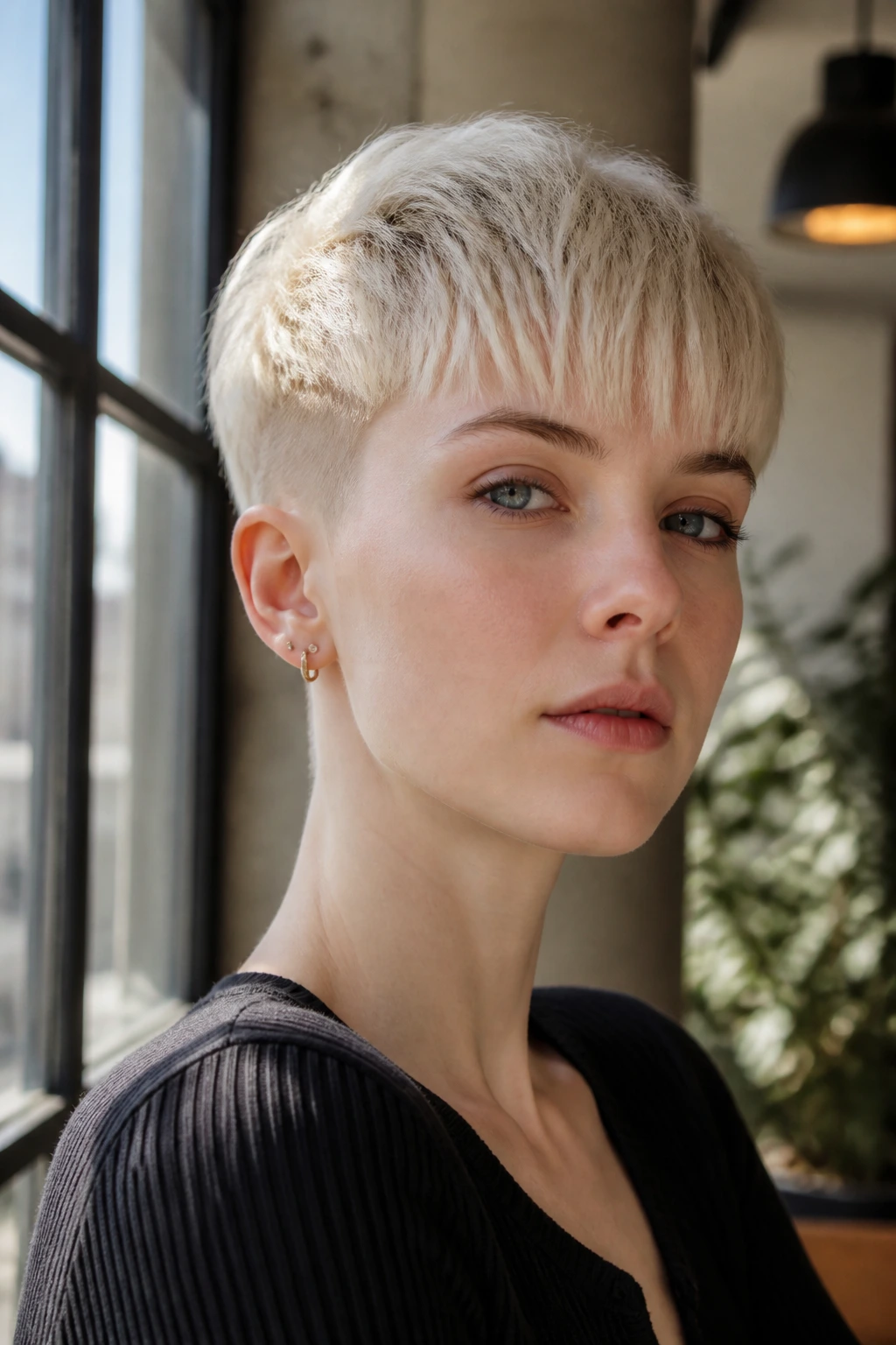 Close-up of a real person with a framed short bleached haircut in daylight