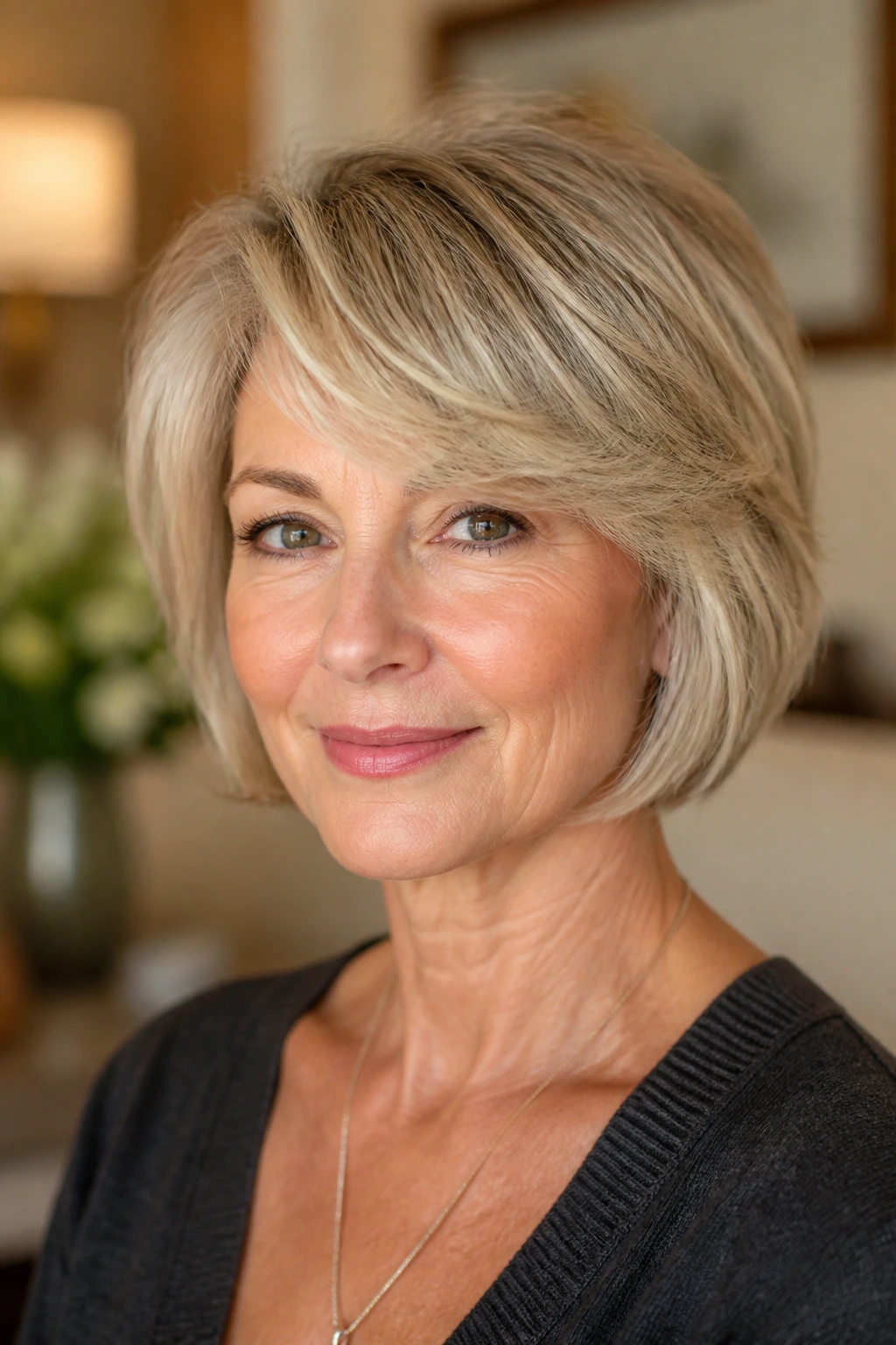 Portrait of a woman showing a side-swept fringe framing the cheekbone