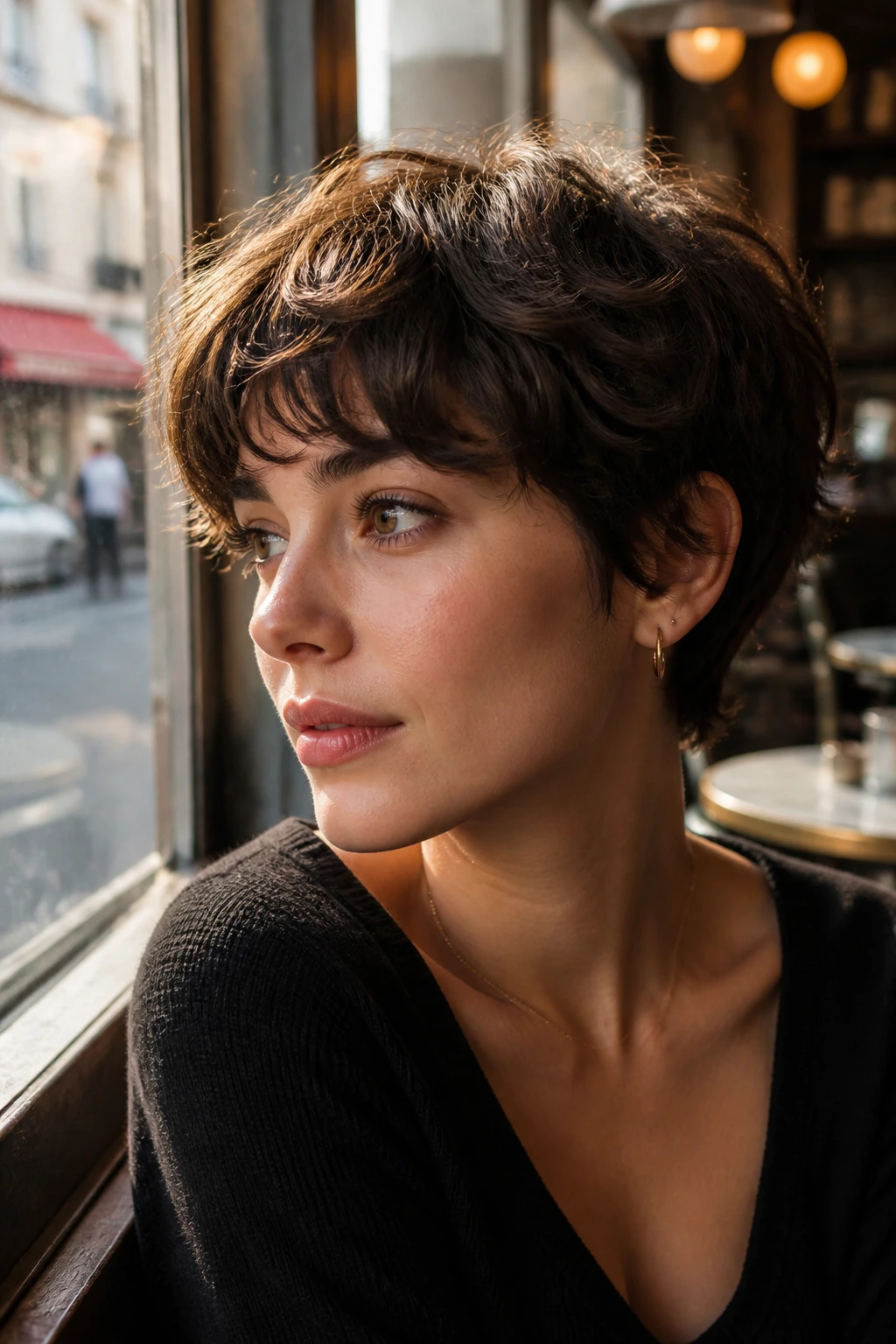 Portrait of a real woman with a French-girl tousled pixie hairstyle in a sunlit cafe setting