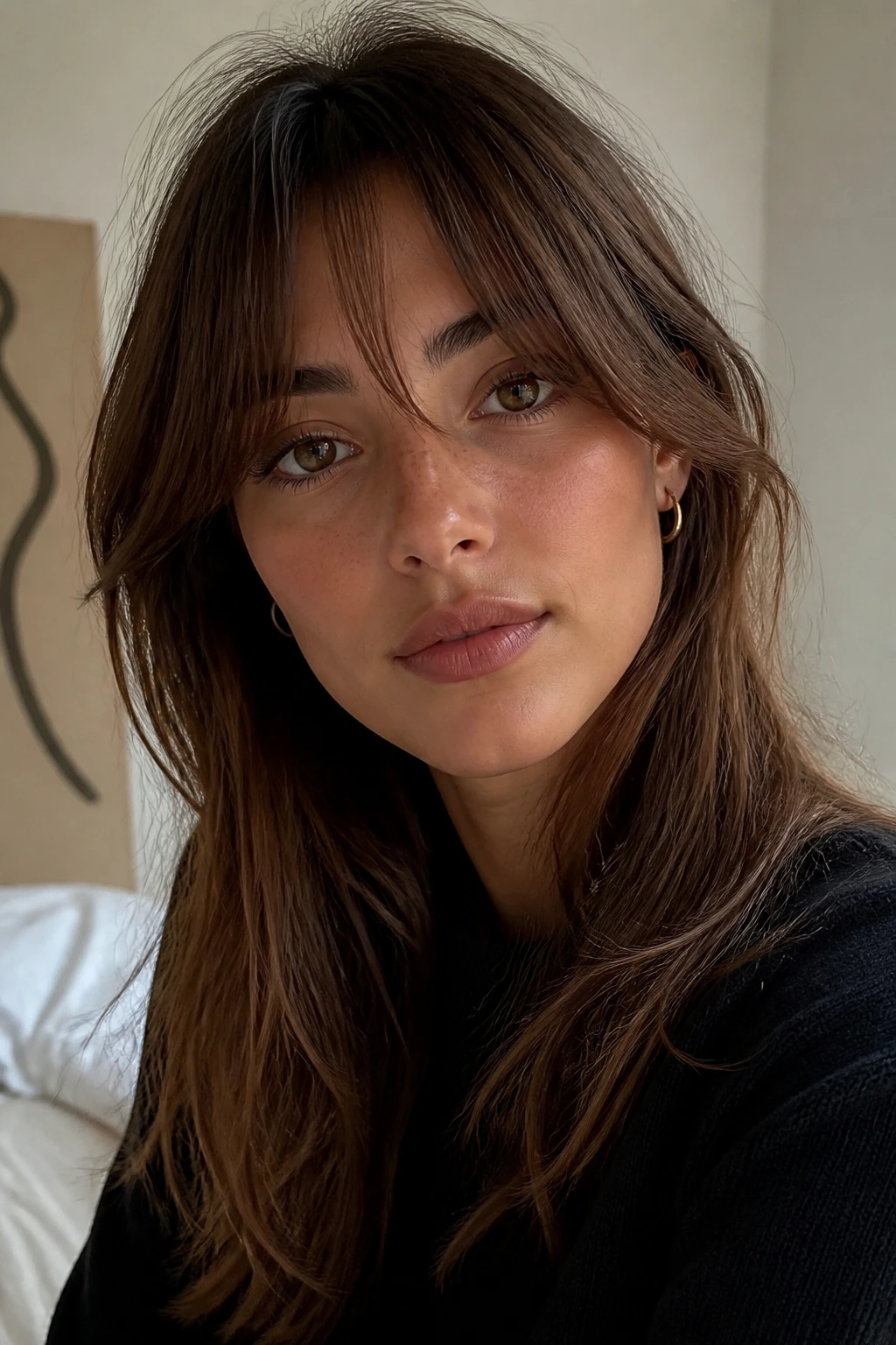Real person with relaxed center fringe in soft morning light