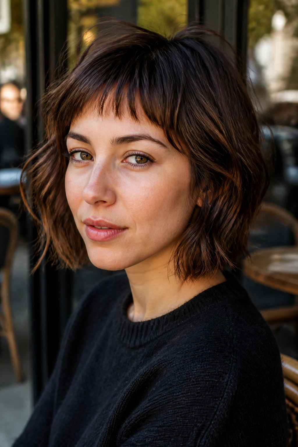 Portrait of a woman with a French shag bob and micro fringe