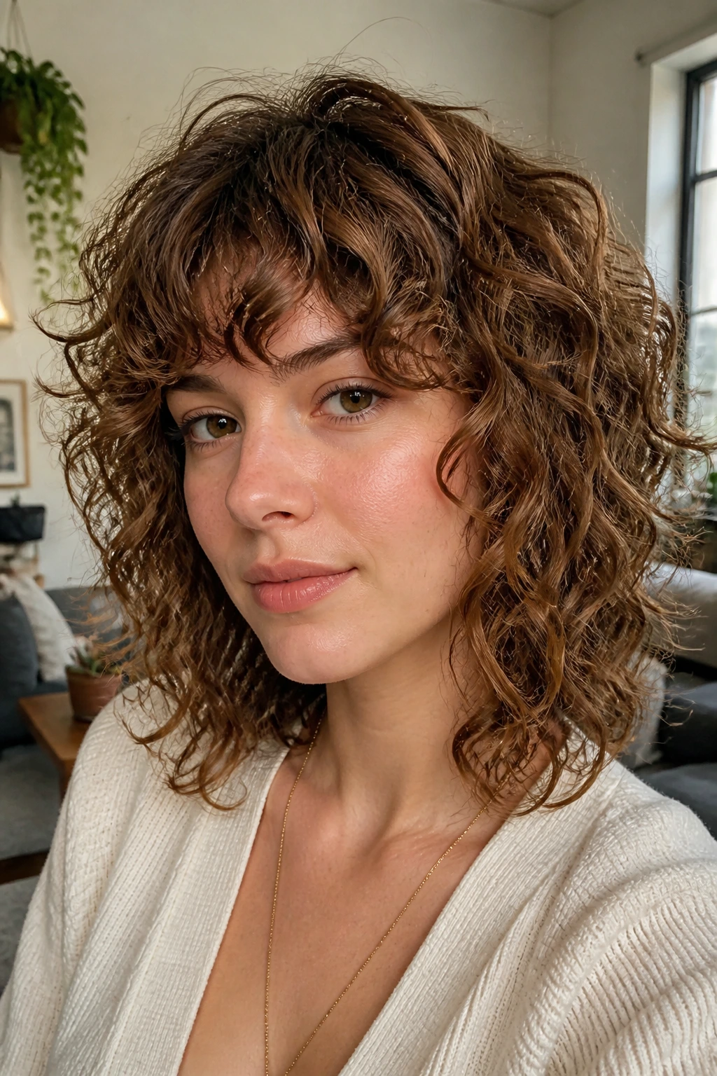 Close-up portrait of a person with freeform curly shag and soft fringe in daylight