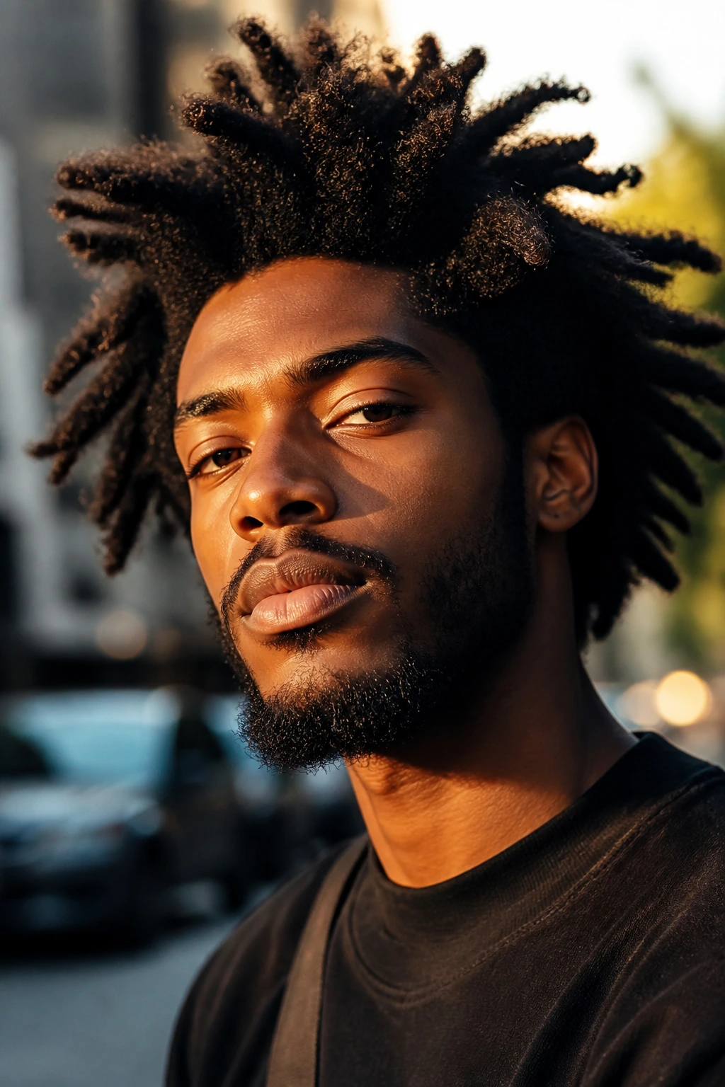 Close-up portrait of a man with freeform locs in warm outdoor light