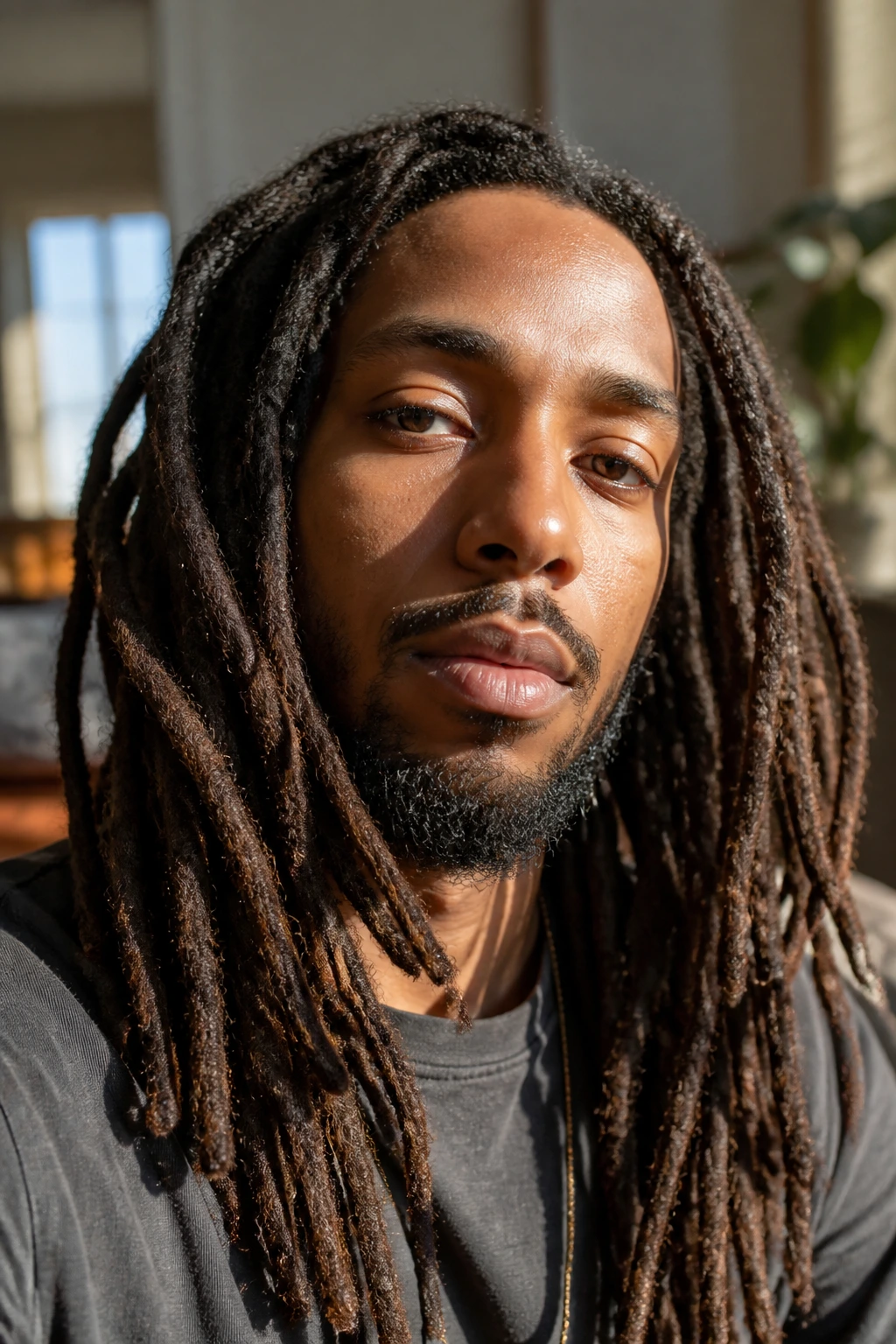 Close-up of a man with freeform locs in a sunlit living room